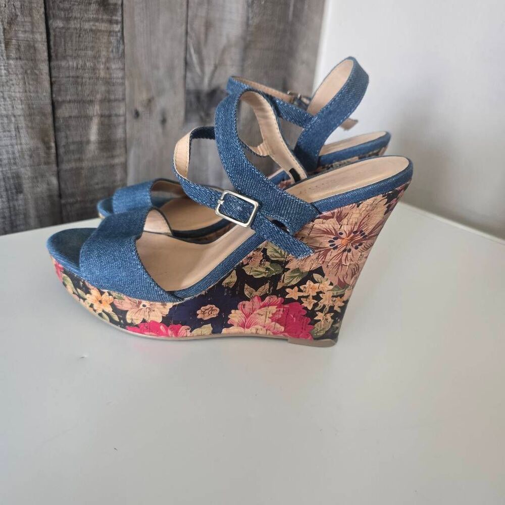 Jasmin JKriss Floral Denim Wedge Sandals 6.5 Boho Dressy Summer Coastal Beach
